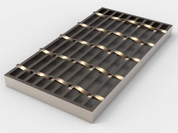 A piece of carbon steel heavy duty steel grating on gray background.