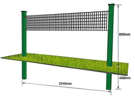 The structure of steel grating fence is similar to volleyball net but a piece of glass embedded below.