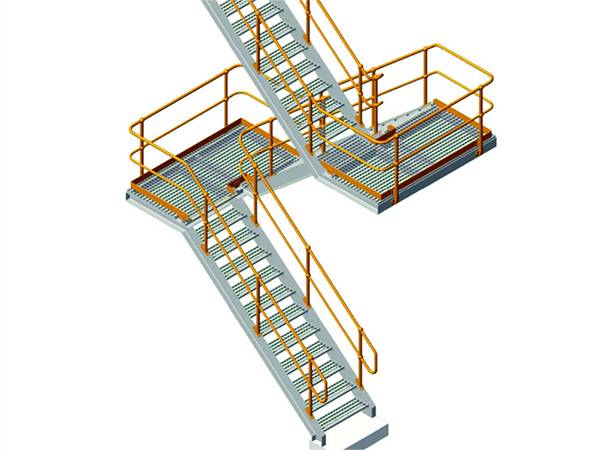 The stanchions railing ball joint handrails are installed on the steel grating stair treads.